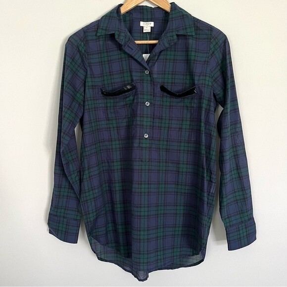 NWT J. Crew Plaid Popover Blouse with Beaded Pockets, Green/Blue/Black, Size XS - Picture 2 of 9